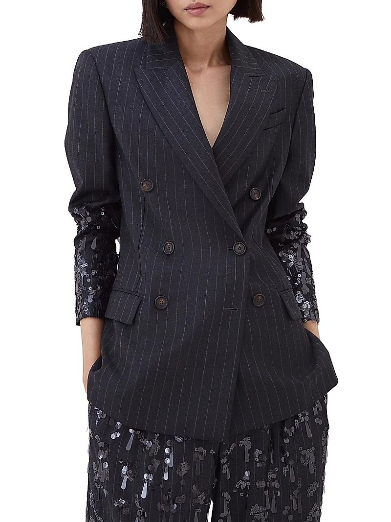 Virgin Wool Chalk Stripe Twill Blazer with Swing Drops Embroidery and Monili