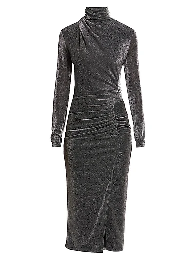Jenisa Metallic Ruched Turtleneck Midi-Dress