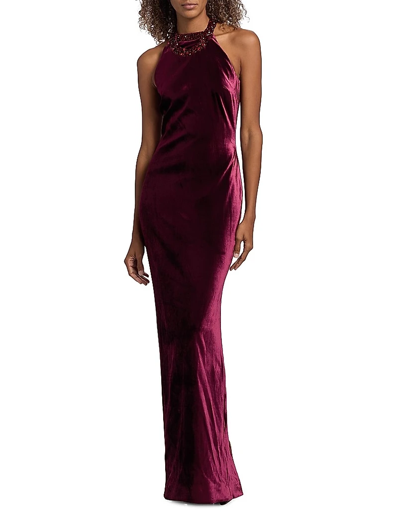 Embellished Halterneck Velvet Gown