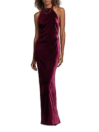 Embellished Halterneck Velvet Gown