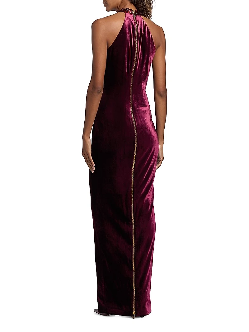 Embellished Halterneck Velvet Gown