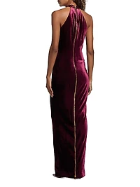 Embellished Halterneck Velvet Gown