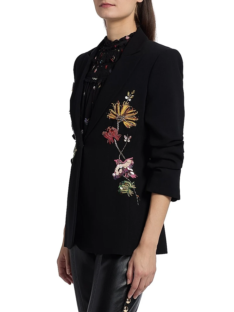 Cheyenne Sequin-Embellished Floral-Embroidered Scrunched Blazer
