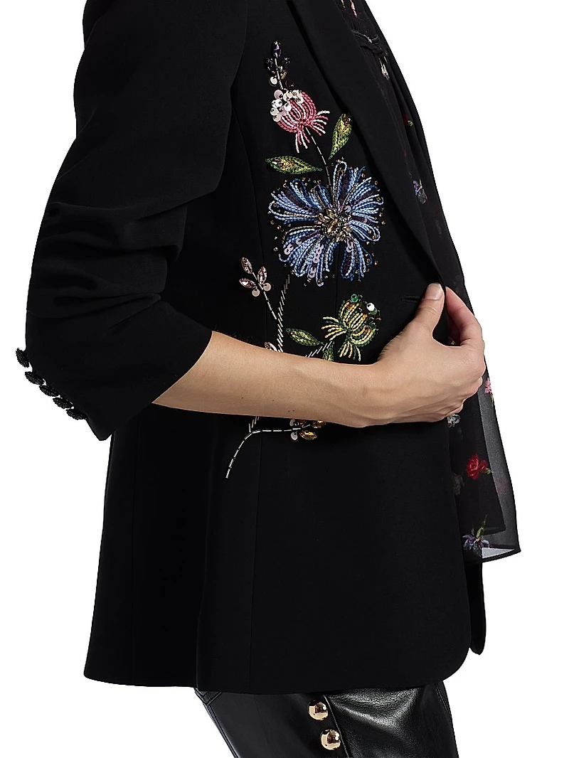 Cheyenne Sequin-Embellished Floral-Embroidered Scrunched Blazer