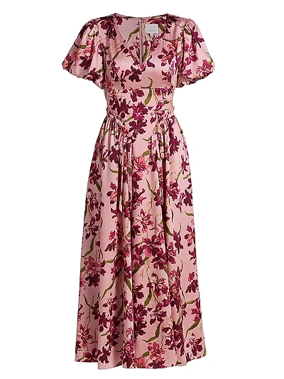 Katlin Trailing Hibiscus Satin Midi-Dress