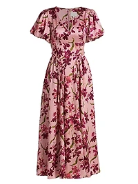Katlin Trailing Hibiscus Satin Midi-Dress