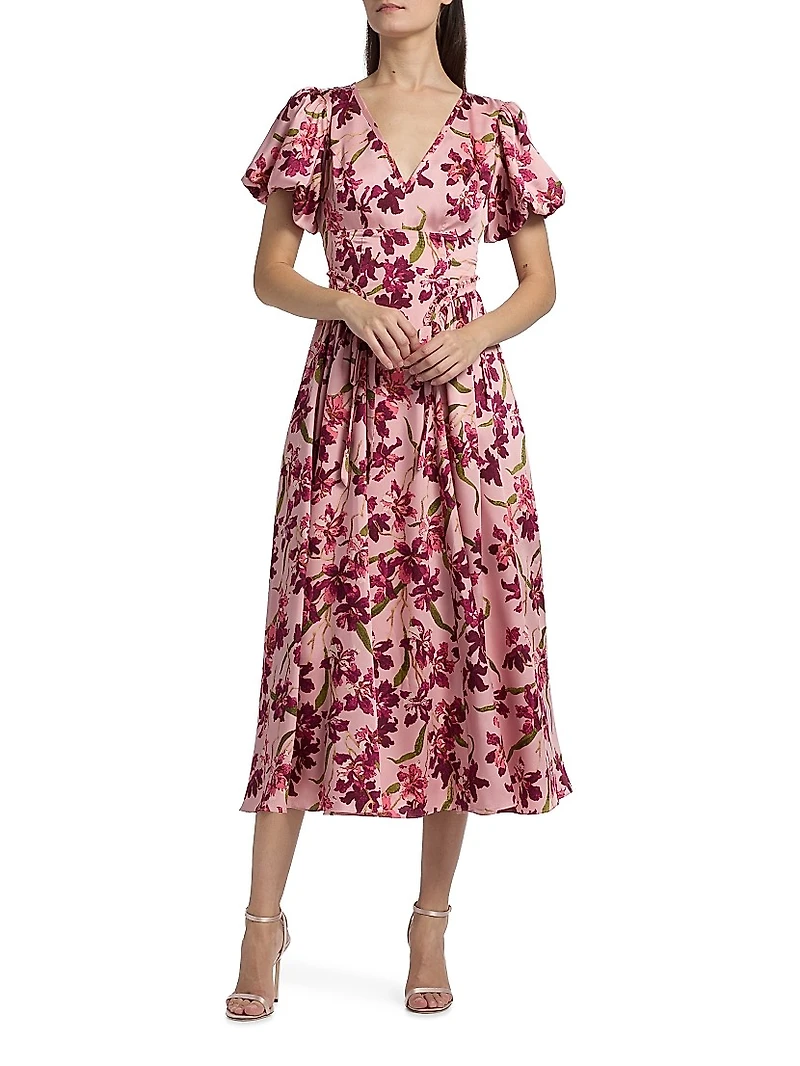 Katlin Trailing Hibiscus Satin Midi-Dress