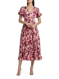 Katlin Trailing Hibiscus Satin Midi-Dress
