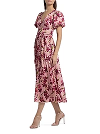 Katlin Trailing Hibiscus Satin Midi-Dress
