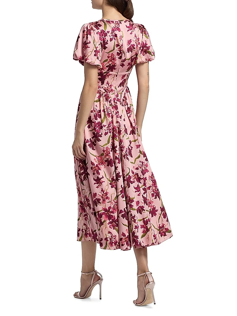 Katlin Trailing Hibiscus Satin Midi-Dress