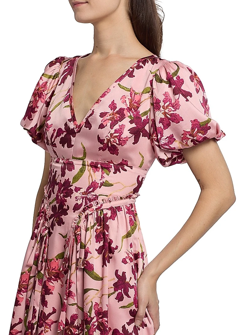 Katlin Trailing Hibiscus Satin Midi-Dress