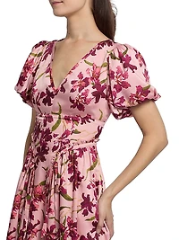 Katlin Trailing Hibiscus Satin Midi-Dress