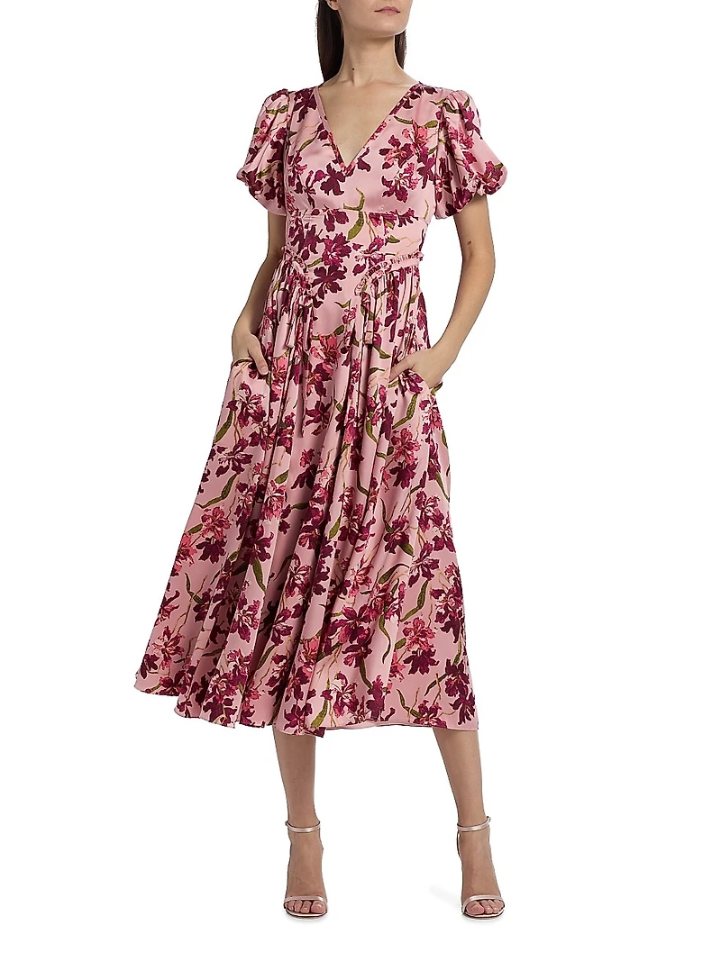 Katlin Trailing Hibiscus Satin Midi-Dress