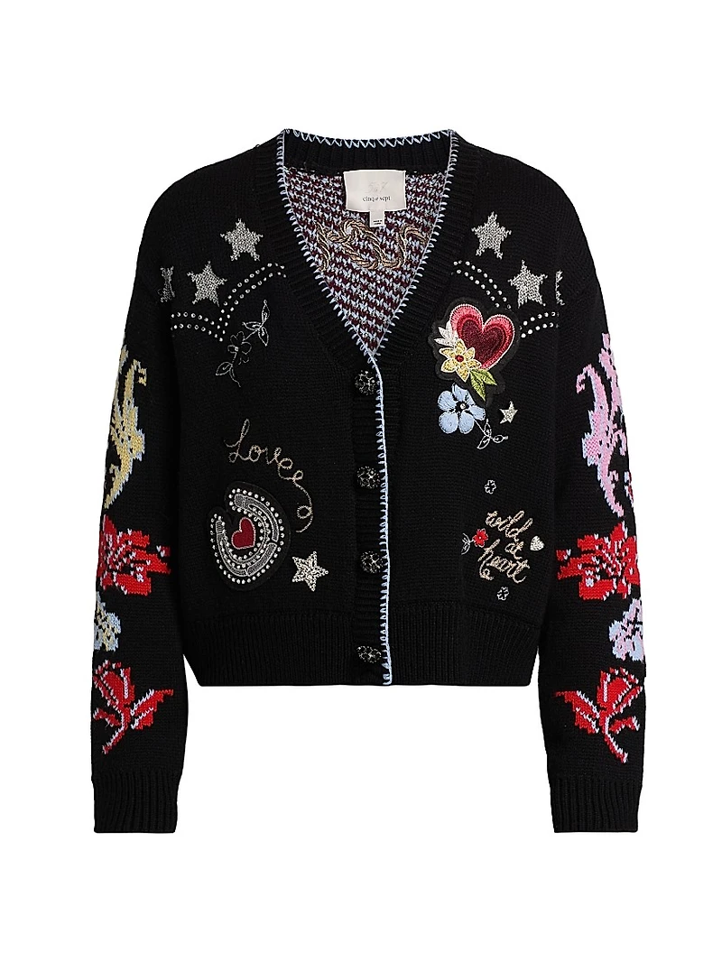 Western Embroidered Wool-Blend Collage Cardigan