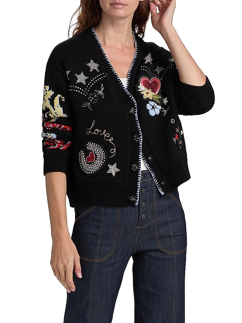 Western Embroidered Wool-Blend Collage Cardigan
