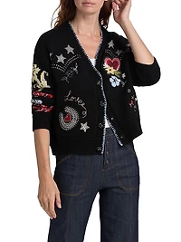Western Embroidered Wool-Blend Collage Cardigan