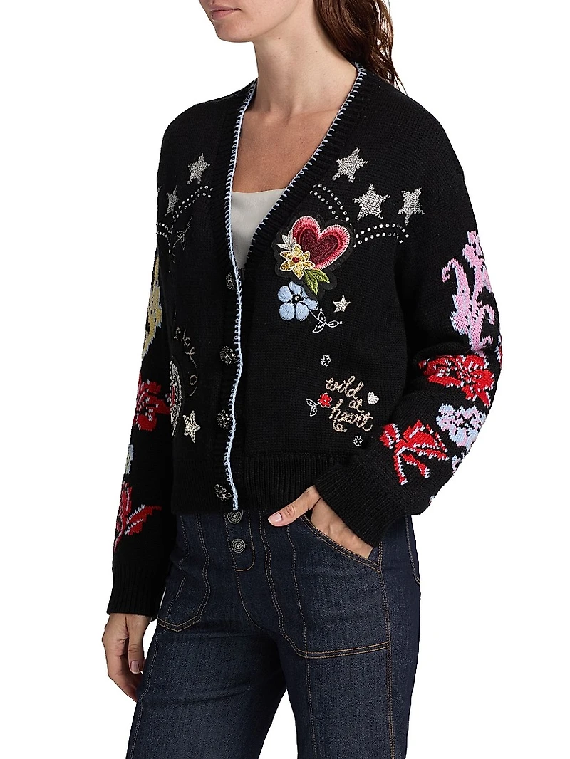 Western Embroidered Wool-Blend Collage Cardigan