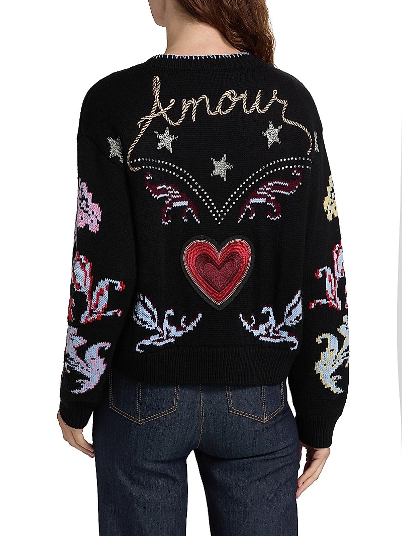 Western Embroidered Wool-Blend Collage Cardigan