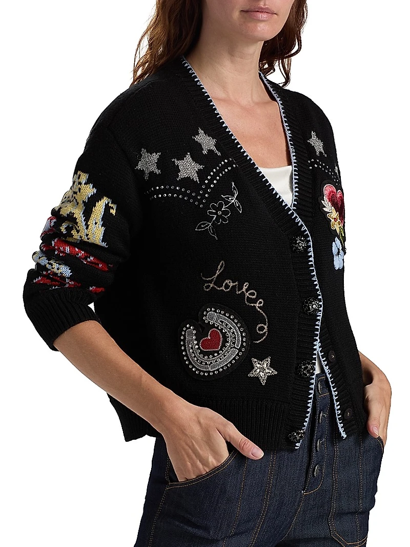 Western Embroidered Wool-Blend Collage Cardigan