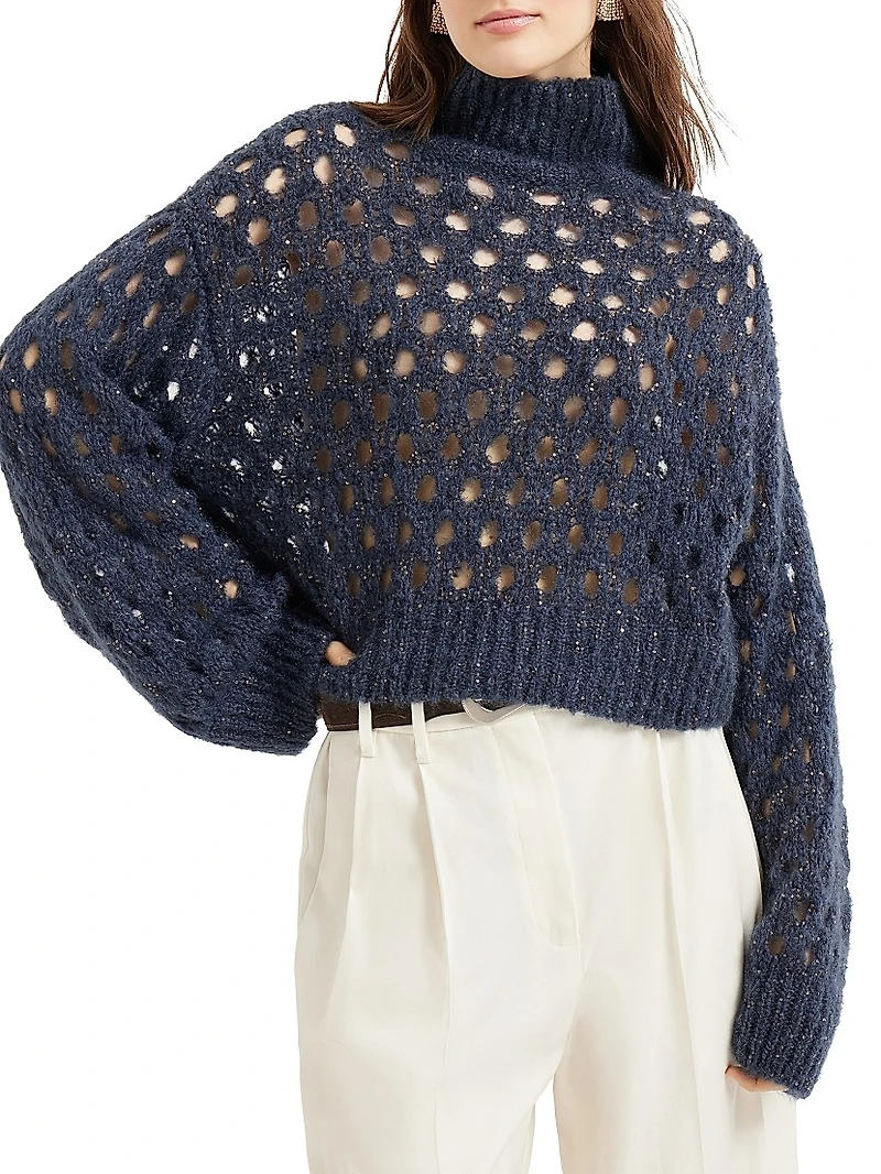 Wispy Mohair and Wool Dazzling Net Turtleneck Sweater