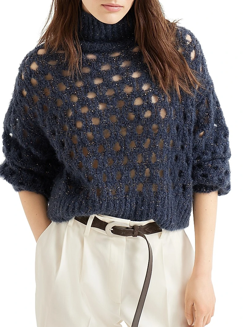 Wispy Mohair and Wool Dazzling Net Turtleneck Sweater