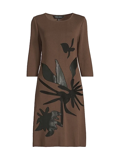 Missy Faux-Leather Appliqué Knit Knee-Length Dress