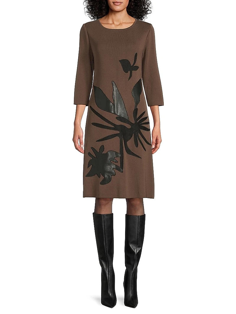 Missy Faux-Leather Appliqué Knit Knee-Length Dress