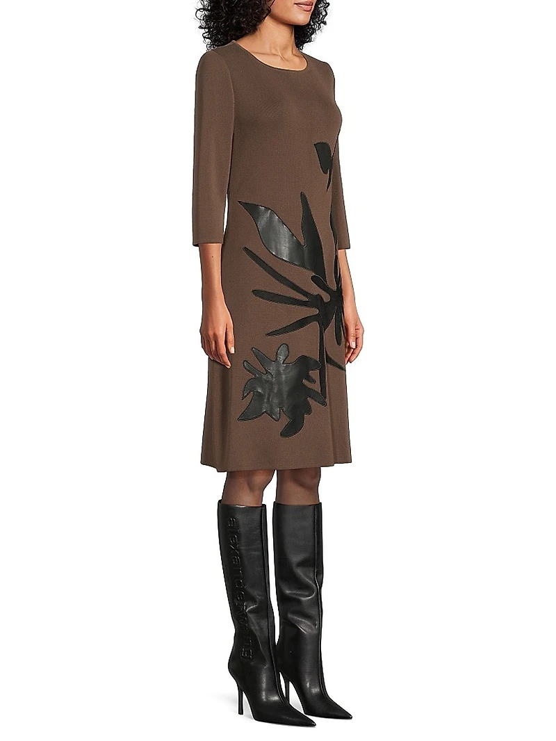 Missy Faux-Leather Appliqué Knit Knee-Length Dress