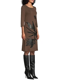 Missy Faux-Leather Appliqué Knit Knee-Length Dress