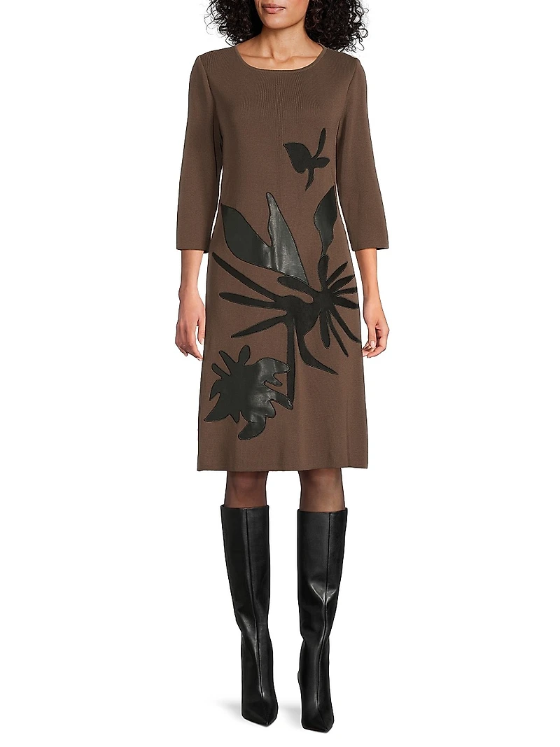 Missy Faux-Leather Appliqué Knit Knee-Length Dress