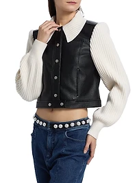 Ciara Knit-Sleeve Faux-Leather Jacket