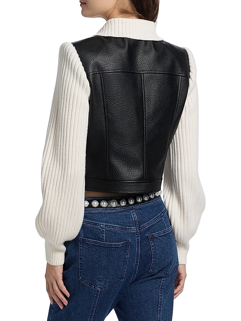 Ciara Knit-Sleeve Faux-Leather Jacket