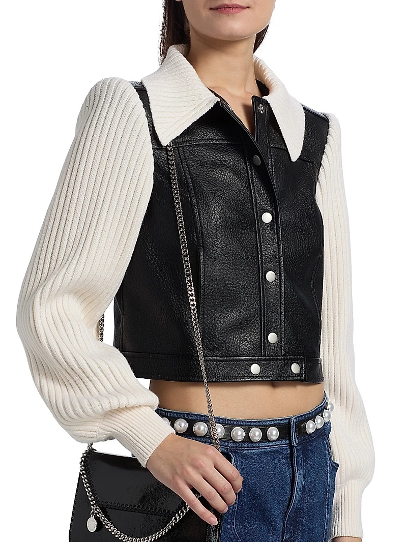 Ciara Knit-Sleeve Faux-Leather Jacket