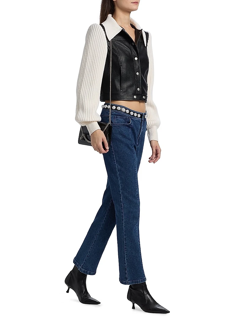 Ciara Knit-Sleeve Faux-Leather Jacket