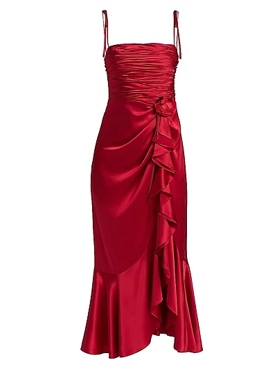 Mireya Gathered Silk Midi-Dress