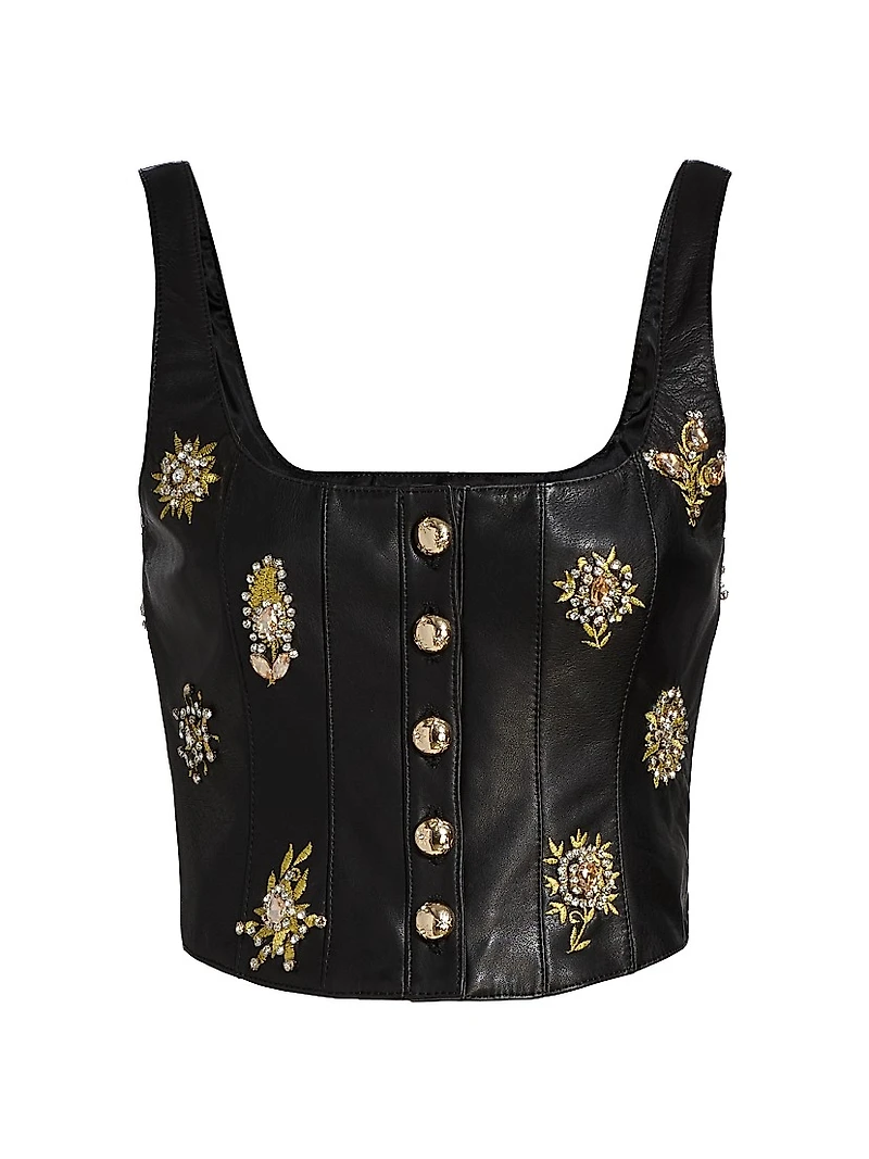 Leila Crystal-Embellished Embroidered Leather Top