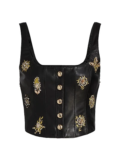 Leila Crystal-Embellished Embroidered Leather Top