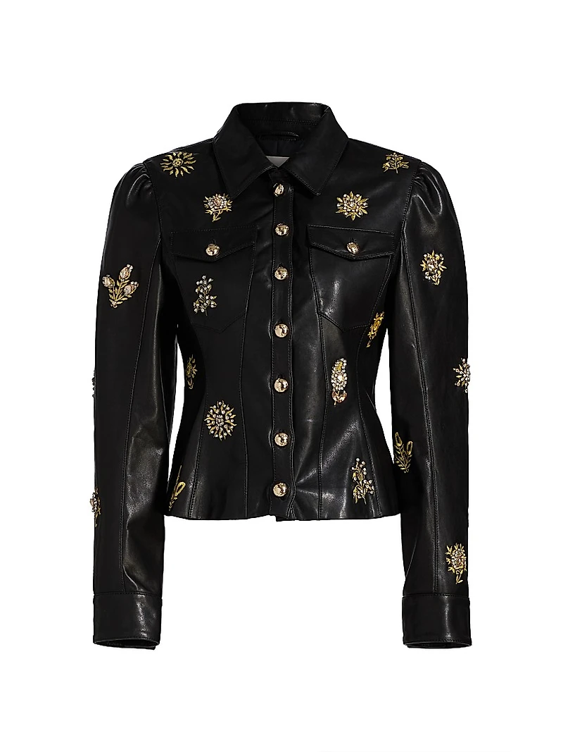 Leila Crystal-Embellished Embroidered Leather Jacket
