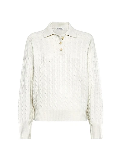 Cashmere Cable Knit Polo Style Sweater with Monili