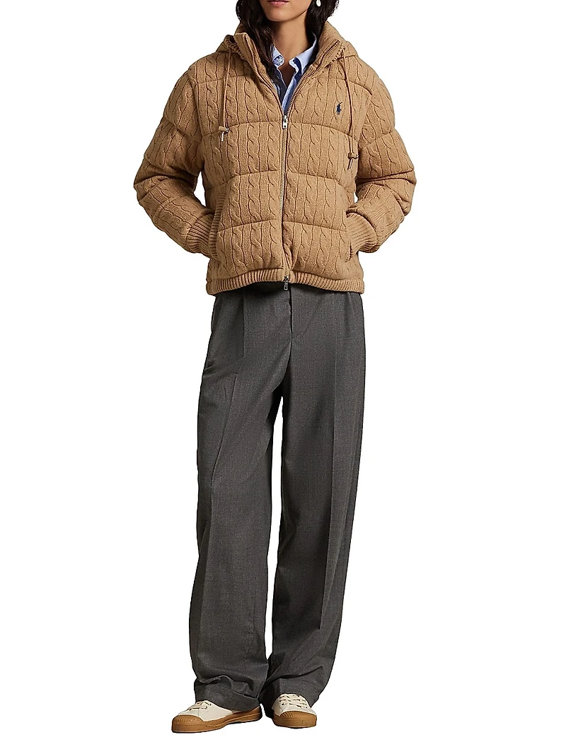 Cable-Knit Hooded Down Coat