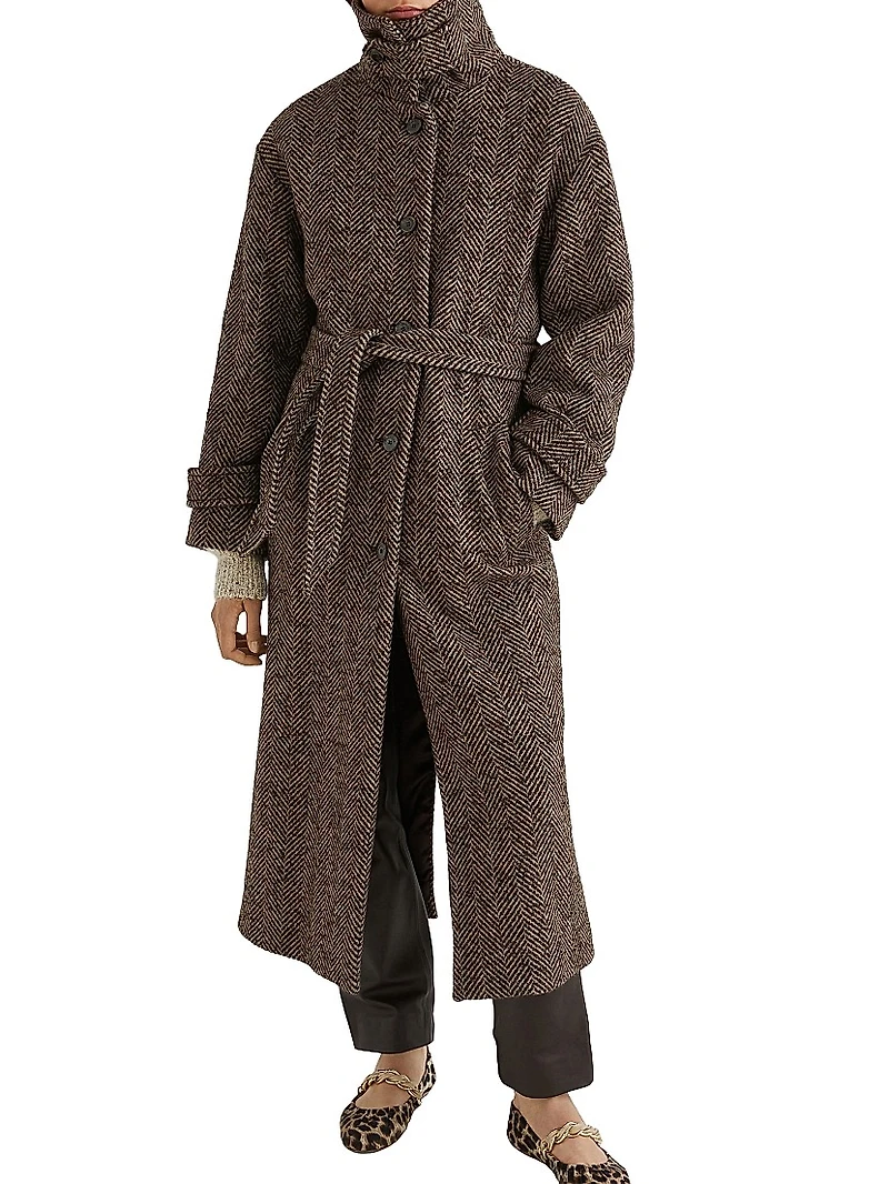 Straight Fit Herringbone Wool Blend Coat