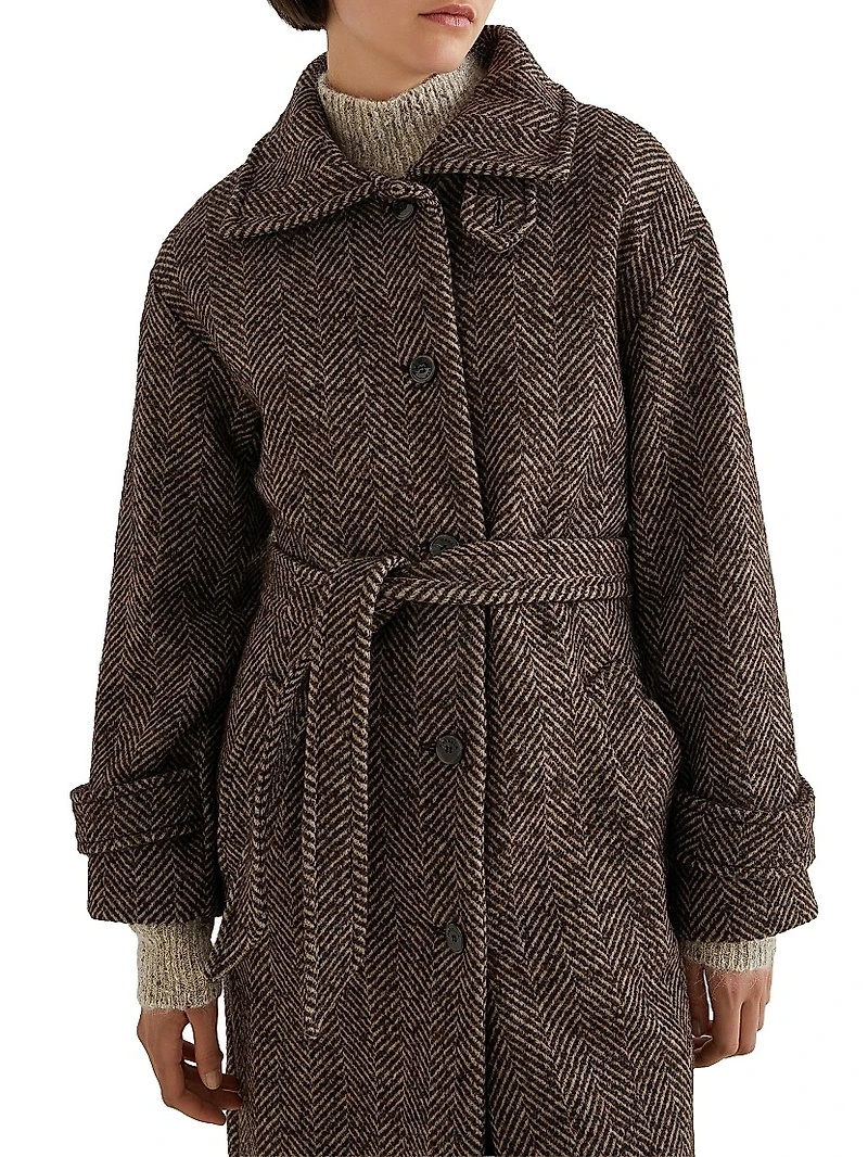 Straight Fit Herringbone Wool Blend Coat