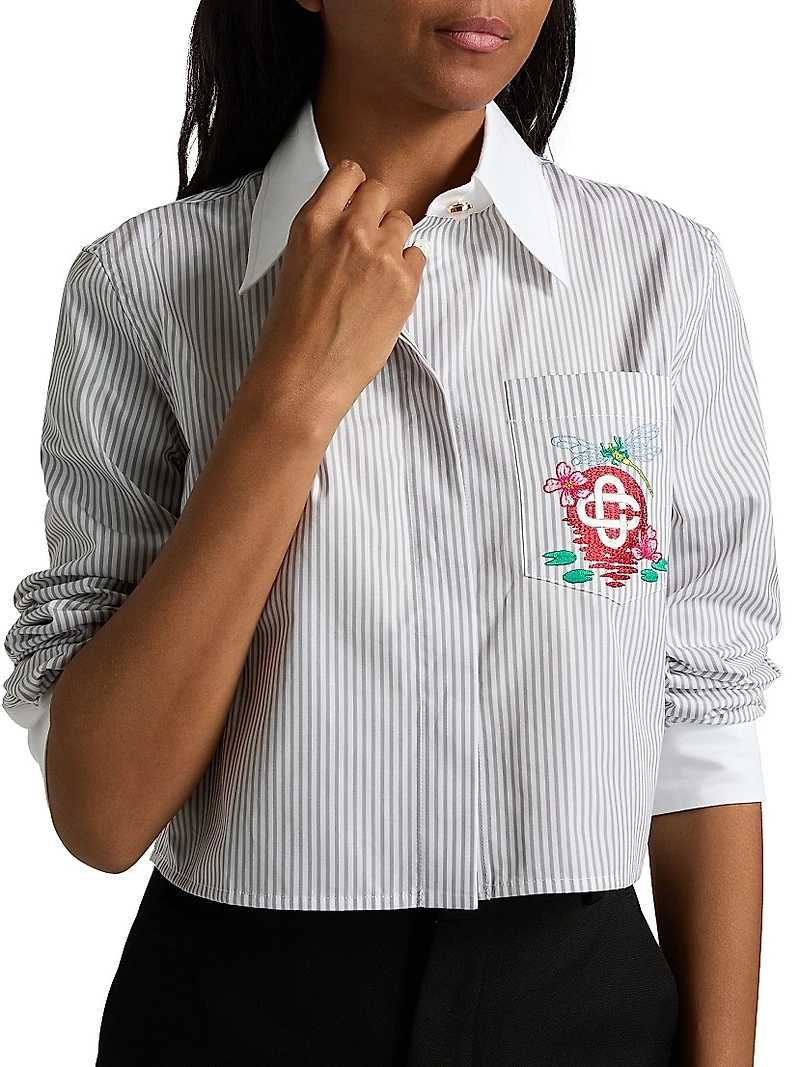 Embroidered Striped Crop Shirt