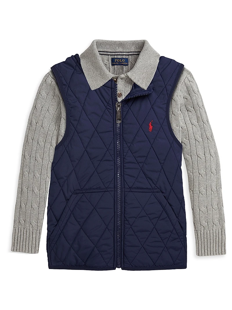 Little Boy's & Cable-Knit Cotton Collared Sweater