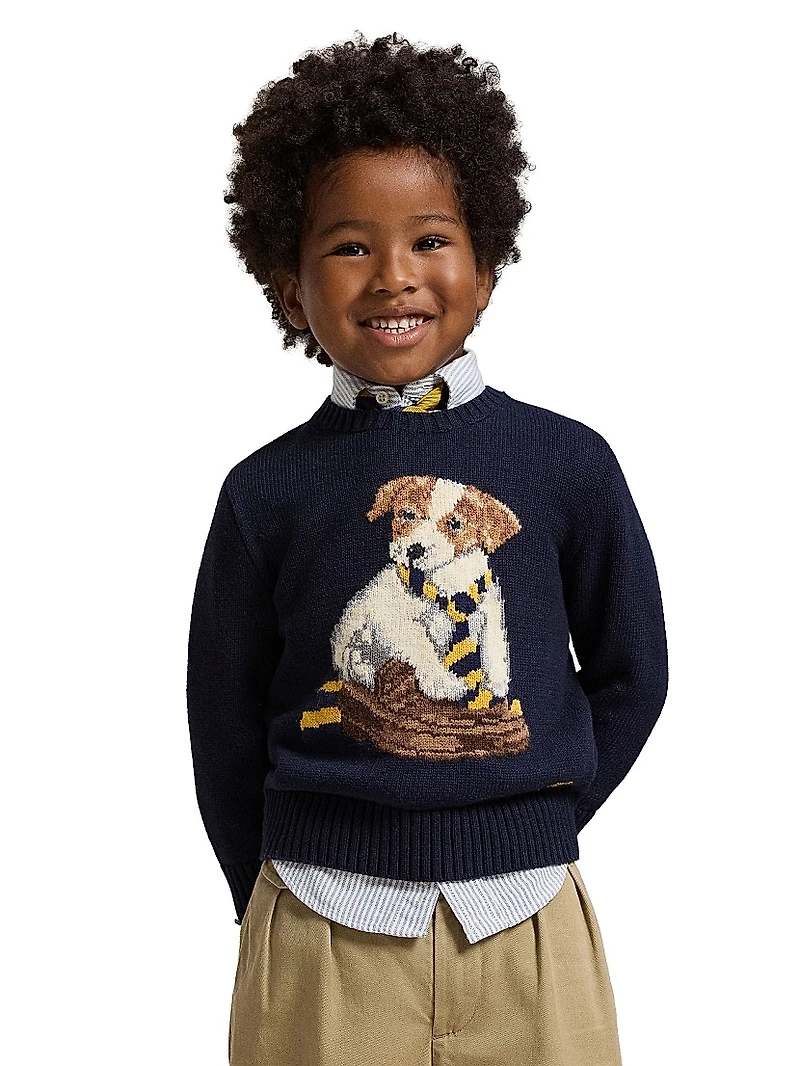 Little Boy's & Dog Intarsia Crewneck Sweater