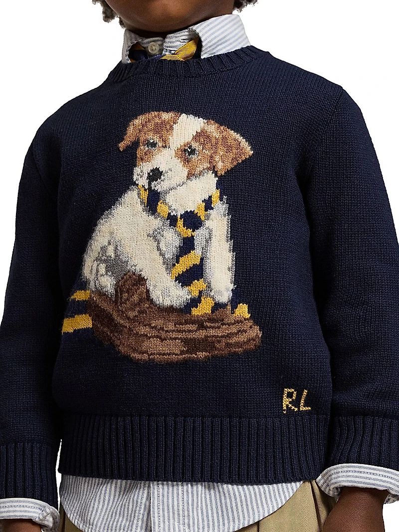 Little Boy's & Dog Intarsia Crewneck Sweater