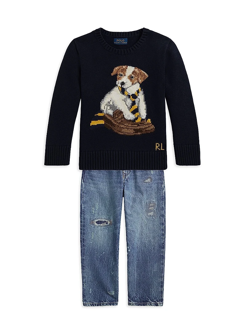 Little Boy's & Dog Intarsia Crewneck Sweater