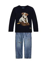Little Boy's & Dog Intarsia Crewneck Sweater