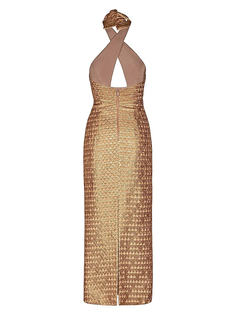 Candelaria Elegant Expedition Jacquard Halterneck Maxi Dress