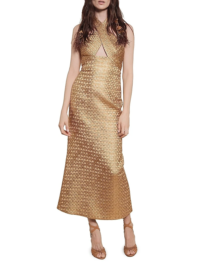 Candelaria Elegant Expedition Jacquard Halterneck Maxi Dress